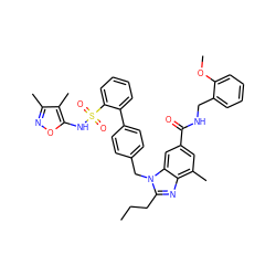 CCCc1nc2c(C)cc(C(=O)NCc3ccccc3OC)cc2n1Cc1ccc(-c2ccccc2S(=O)(=O)Nc2onc(C)c2C)cc1 ZINC000653754942