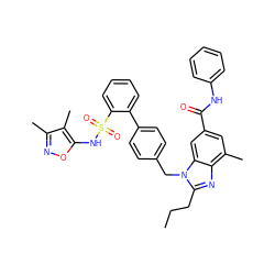 CCCc1nc2c(C)cc(C(=O)Nc3ccccc3)cc2n1Cc1ccc(-c2ccccc2S(=O)(=O)Nc2onc(C)c2C)cc1 ZINC000653753031