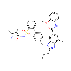 CCCc1nc2c(C)cc(C(=O)Nc3ccccc3OC)cc2n1Cc1ccc(-c2ccccc2S(=O)(=O)Nc2onc(C)c2C)cc1 ZINC000653753050