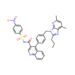 CCCc1nc2c(C)cc(C)nc2n1Cc1ccc(-c2c(C(=O)NS(=O)(=O)c3ccc([N+](=O)[O-])cc3)cnc3ccccc23)cc1 ZINC000026574005