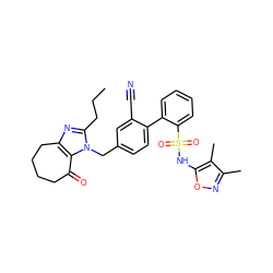 CCCc1nc2c(n1Cc1ccc(-c3ccccc3S(=O)(=O)Nc3onc(C)c3C)c(C#N)c1)C(=O)CCCC2 ZINC000653757197