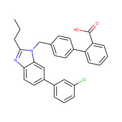 CCCc1nc2ccc(-c3cccc(Cl)c3)cc2n1Cc1ccc(-c2ccccc2C(=O)O)cc1 ZINC001772619980