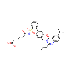 CCCc1nc2ccc(C(C)C)cc2c(=O)n1Cc1ccc(-c2ccccc2S(=O)(=O)NC(=O)CCCCC(=O)O)cc1 ZINC000027890378