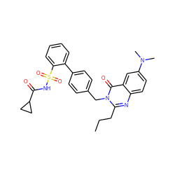 CCCc1nc2ccc(N(C)C)cc2c(=O)n1Cc1ccc(-c2ccccc2S(=O)(=O)NC(=O)C2CC2)cc1 ZINC000027894177