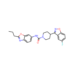 CCCc1nc2ccc(NC(=O)N3CCC(c4noc5ccc(F)cc45)CC3)cc2o1 ZINC000225007983