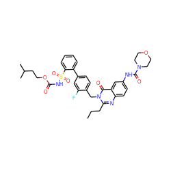 CCCc1nc2ccc(NC(=O)N3CCOCC3)cc2c(=O)n1Cc1ccc(-c2ccccc2S(=O)(=O)NC(=O)OCCC(C)C)cc1F ZINC000026393923