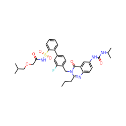 CCCc1nc2ccc(NC(=O)NC(C)C)cc2c(=O)n1Cc1ccc(-c2ccccc2S(=O)(=O)NC(=O)COCC(C)C)cc1F ZINC000026388859