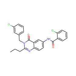 CCCc1nc2ccc(NC(=O)c3ccccc3Cl)cc2c(=O)n1Cc1cccc(Cl)c1 ZINC000006510988