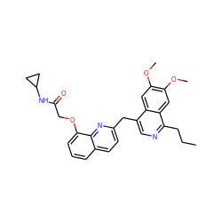 CCCc1ncc(Cc2ccc3cccc(OCC(=O)NC4CC4)c3n2)c2cc(OC)c(OC)cc12 ZINC000148679159