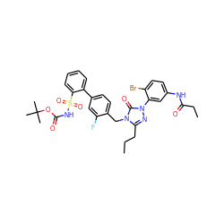 CCCc1nn(-c2cc(NC(=O)CC)ccc2Br)c(=O)n1Cc1ccc(-c2ccccc2S(=O)(=O)NC(=O)OC(C)(C)C)cc1F ZINC000027207967