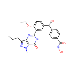 CCCc1nn(C)c2c(=O)[nH]c(-c3cc([C@H](O)c4ccc(C(=O)NO)cc4)ccc3OCC)nc12 ZINC000224520455