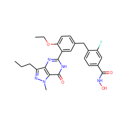 CCCc1nn(C)c2c(=O)[nH]c(-c3cc(Cc4ccc(C(=O)NO)cc4F)ccc3OCC)nc12 ZINC000224512738