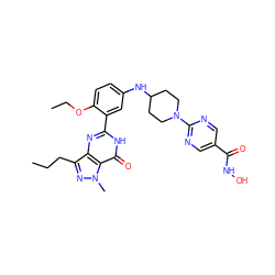 CCCc1nn(C)c2c(=O)[nH]c(-c3cc(NC4CCN(c5ncc(C(=O)NO)cn5)CC4)ccc3OCC)nc12 ZINC001772571183