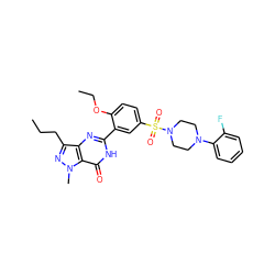 CCCc1nn(C)c2c(=O)[nH]c(-c3cc(S(=O)(=O)N4CCN(c5ccccc5F)CC4)ccc3OCC)nc12 ZINC000044406393