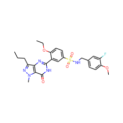 CCCc1nn(C)c2c(=O)[nH]c(-c3cc(S(=O)(=O)NCc4ccc(OC)c(F)c4)ccc3OCC)nc12 ZINC000299859504