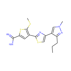 CCCc1nn(C)cc1-c1csc(-c2cc(C(=N)N)sc2SC)n1 ZINC000026827732