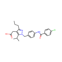 CCCc1nn(Cc2ccc(NC(=O)c3ccc(Cl)cc3)cc2)c(C(C)C)c1CC(=O)O ZINC000168897229