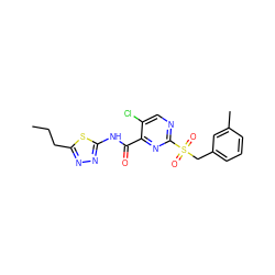 CCCc1nnc(NC(=O)c2nc(S(=O)(=O)Cc3cccc(C)c3)ncc2Cl)s1 ZINC000008917474