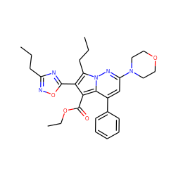 CCCc1noc(-c2c(C(=O)OCC)c3c(-c4ccccc4)cc(N4CCOCC4)nn3c2CCC)n1 ZINC000064541174