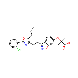 CCCc1oc(-c2ccccc2Cl)nc1CCc1noc2cc(OC(C)(C)C(=O)O)ccc12 ZINC000000603089