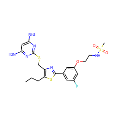 CCCc1sc(-c2cc(F)cc(OCCNS(C)(=O)=O)c2)nc1CSc1nc(N)cc(N)n1 ZINC000096283900