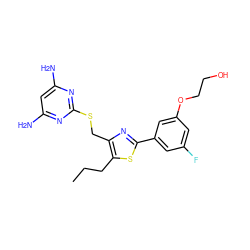 CCCc1sc(-c2cc(F)cc(OCCO)c2)nc1CSc1nc(N)cc(N)n1 ZINC000096283902