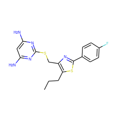 CCCc1sc(-c2ccc(F)cc2)nc1CSc1nc(N)cc(N)n1 ZINC000096283878