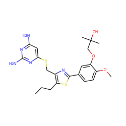 CCCc1sc(-c2ccc(OC)c(OCC(C)(C)O)c2)nc1CSc1cc(N)nc(N)n1 ZINC000224698309