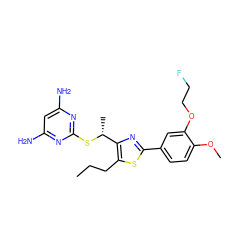 CCCc1sc(-c2ccc(OC)c(OCCF)c2)nc1[C@@H](C)Sc1nc(N)cc(N)n1 ZINC000223775728