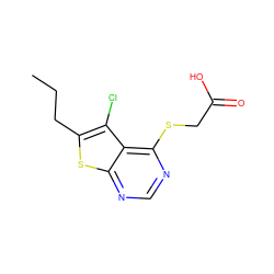 CCCc1sc2ncnc(SCC(=O)O)c2c1Cl ZINC000653724989