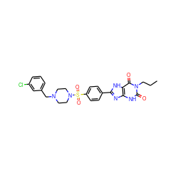 CCCn1c(=O)[nH]c2nc(-c3ccc(S(=O)(=O)N4CCN(Cc5cccc(Cl)c5)CC4)cc3)[nH]c2c1=O ZINC000049872227