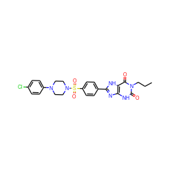 CCCn1c(=O)[nH]c2nc(-c3ccc(S(=O)(=O)N4CCN(c5ccc(Cl)cc5)CC4)cc3)[nH]c2c1=O ZINC000049872110