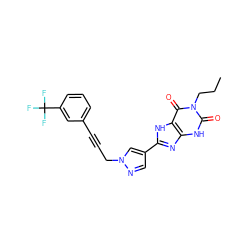 CCCn1c(=O)[nH]c2nc(-c3cnn(CC#Cc4cccc(C(F)(F)F)c4)c3)[nH]c2c1=O ZINC000088247896