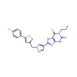 CCCn1c(=O)[nH]c2nc(-c3cnn(Cc4cc(-c5ccc(Cl)cc5)on4)c3)[nH]c2c1=O ZINC000029037360