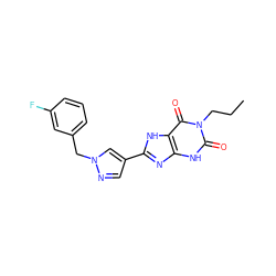 CCCn1c(=O)[nH]c2nc(-c3cnn(Cc4cccc(F)c4)c3)[nH]c2c1=O ZINC000029037284