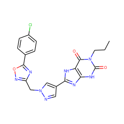 CCCn1c(=O)[nH]c2nc(-c3cnn(Cc4noc(-c5ccc(Cl)cc5)n4)c3)[nH]c2c1=O ZINC000029037323