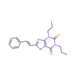 CCCn1c(=O)c2[nH]c(/C=C/c3ccccc3)nc2n(CCC)c1=O ZINC000012405377