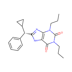 CCCn1c(=O)c2[nH]c([C@H](c3ccccc3)C3CC3)nc2n(CCC)c1=O ZINC000013861085