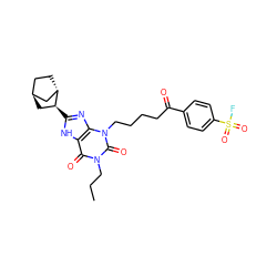 CCCn1c(=O)c2[nH]c([C@H]3C[C@H]4CC[C@H]3C4)nc2n(CCCCC(=O)c2ccc(S(=O)(=O)F)cc2)c1=O ZINC000135701825