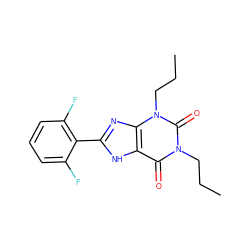 CCCn1c(=O)c2[nH]c(-c3c(F)cccc3F)nc2n(CCC)c1=O ZINC000013473634