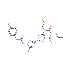 CCCn1c(=O)c2[nH]c(-c3cc(C)n(CC(=O)Nc4ccc(Br)cc4)n3)nc2n(CCC)c1=O ZINC000029061339