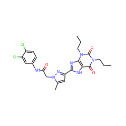 CCCn1c(=O)c2[nH]c(-c3cc(C)n(CC(=O)Nc4ccc(Cl)c(Cl)c4)n3)nc2n(CCC)c1=O ZINC000029060853