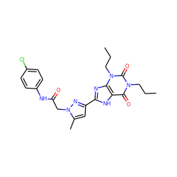 CCCn1c(=O)c2[nH]c(-c3cc(C)n(CC(=O)Nc4ccc(Cl)cc4)n3)nc2n(CCC)c1=O ZINC000029061345