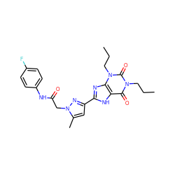 CCCn1c(=O)c2[nH]c(-c3cc(C)n(CC(=O)Nc4ccc(F)cc4)n3)nc2n(CCC)c1=O ZINC000029061469