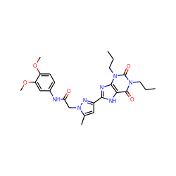 CCCn1c(=O)c2[nH]c(-c3cc(C)n(CC(=O)Nc4ccc(OC)c(OC)c4)n3)nc2n(CCC)c1=O ZINC000029060759