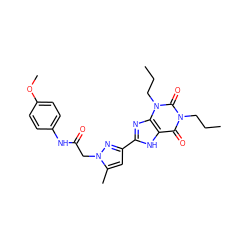 CCCn1c(=O)c2[nH]c(-c3cc(C)n(CC(=O)Nc4ccc(OC)cc4)n3)nc2n(CCC)c1=O ZINC000029061057