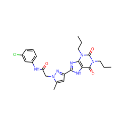 CCCn1c(=O)c2[nH]c(-c3cc(C)n(CC(=O)Nc4cccc(Cl)c4)n3)nc2n(CCC)c1=O ZINC000029060858