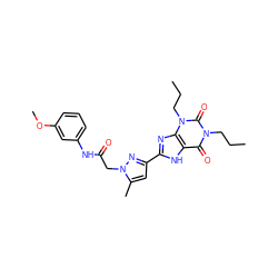 CCCn1c(=O)c2[nH]c(-c3cc(C)n(CC(=O)Nc4cccc(OC)c4)n3)nc2n(CCC)c1=O ZINC000029060943