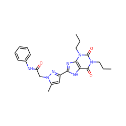 CCCn1c(=O)c2[nH]c(-c3cc(C)n(CC(=O)Nc4ccccc4)n3)nc2n(CCC)c1=O ZINC000029061475