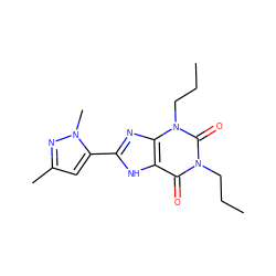 CCCn1c(=O)c2[nH]c(-c3cc(C)nn3C)nc2n(CCC)c1=O ZINC000036190433